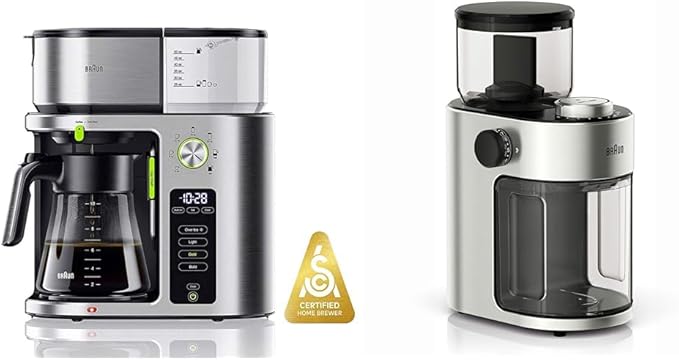Braun MultiServe Coffee Machine 7 Programmable Brew Sizes / 3 Strengths + Iced Coffee &amp Hot Water for Tea Glass Carafe (10-Cup) Stainless Steel KF9170SI &amp KG7070 Burr Grinder Stainless Ste