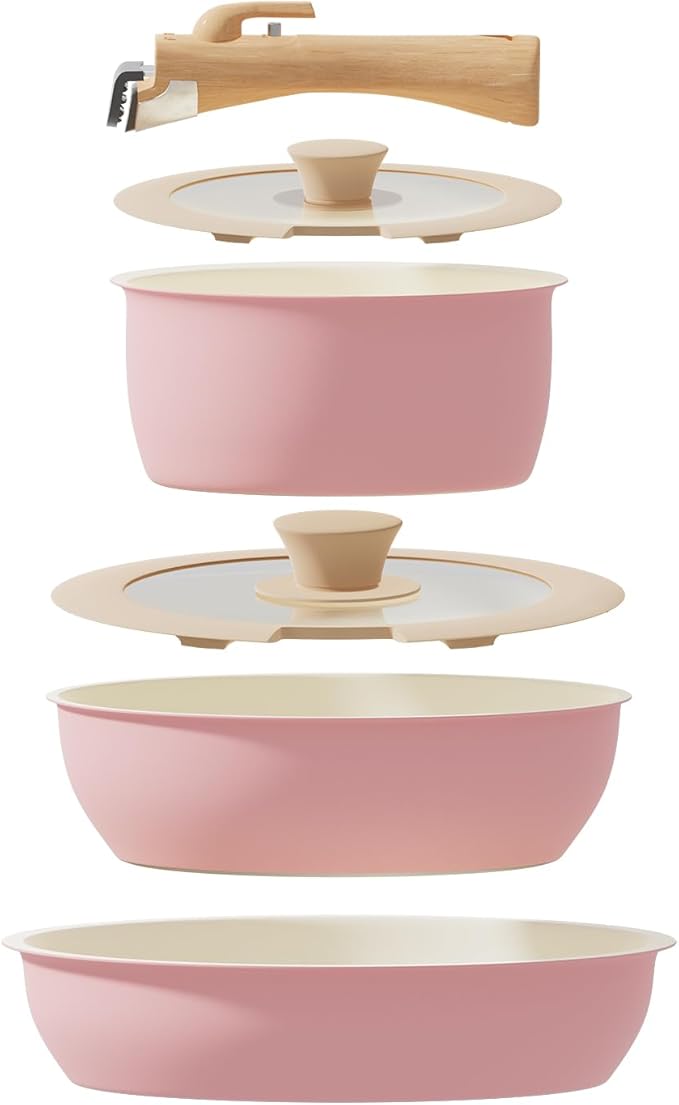 ShanSon 6 Pieces Kitchen Non-Stick Cookware Sets with Removable Handle Stackable Pots and Pans Set Nonstick for Induction Gas RVs Camping Space SavingPink