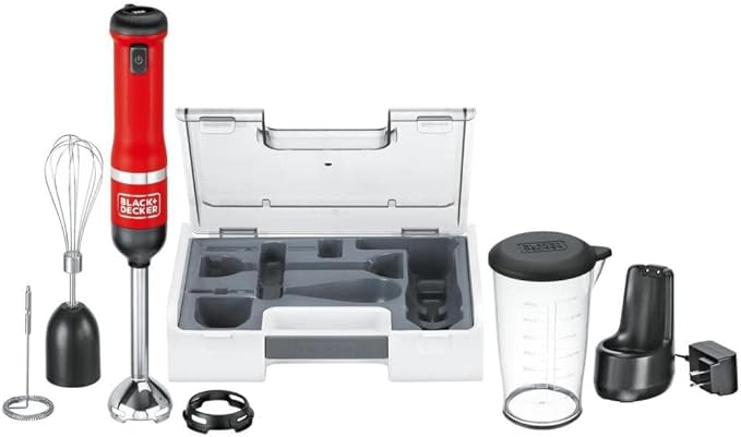 BLACK+DECKER Kitchen Wand Cordless Immersion Blender 3 in 1 Multi Tool Set Hand Blender with Charging Dock Whisk and Milk Frother Red (BCKM1013KS06)