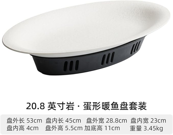 Thcbme 精致高端大尺寸大鱼盘磨砂陶瓷盘子深盘酒店菜盘/Handpainted Plates and Bowls Set Ceramic Dinnerware Sets/20.8英寸岩·形暖鱼盘套装