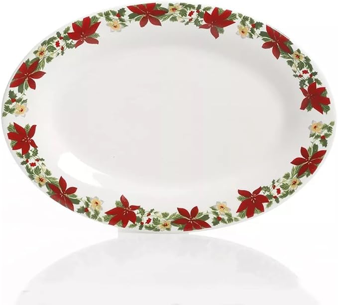 Poinsettia 7 Piece Porcelain Serving Set in Red – Christmas Dinnerware with Holiday Plates Creamer &amp Sugar Bowl Microwave &amp Dishwasher Safe