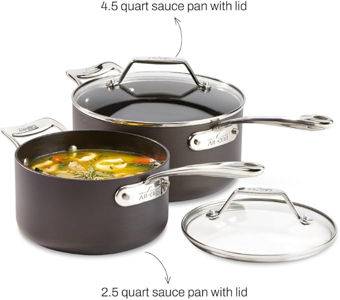 All-Clad Essentials Hard Anodized Nonstick Sauce Pan Set 4 Piece 2.5 4 Quart Oven Broiler Safe 500F Pots and Pans Cookware Black