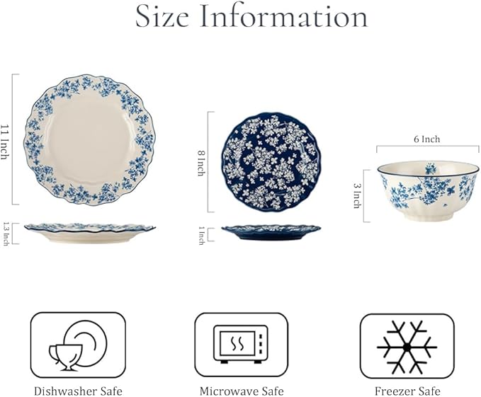 Ceramic Dinnerware Sets for 4 12 Pieces Dishes Set for Kitchen Porcelain Floral Plates and Bowls Set Microwave and Dishwasher Safe Scratch Resistant Underglaze painting (Floral Blue)