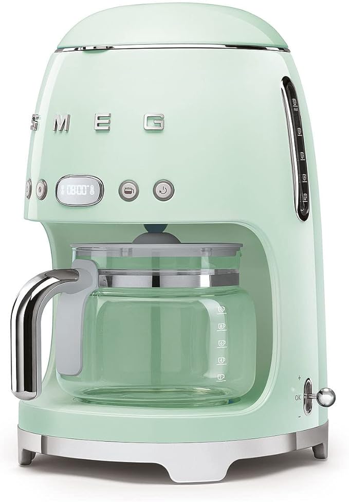 Smeg DCF02PGUK Drip Coffee Machine Auto-Start Mode Reuseable Filter Digital Display Anti-Drip System Aroma Intensity Option 1.4 Litre Tank Pastel Green