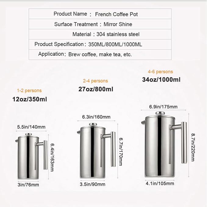 French Press Coffee MakerDouble Wall Stainless Steel Insulated Coffee BrewerCoffee PotManual Espresso Coffee Machine (27 oz)