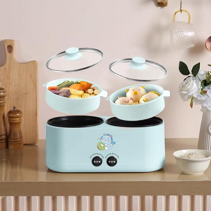 Double-Bird Electric Hot Pot Dual Compartment Cooker with Glass Lids Blue