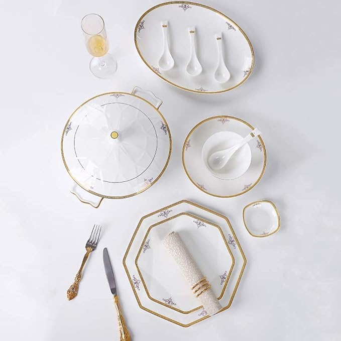 Dinnerware Sets - Luxury Gift Dishes Service Set Ceramics Dinnerware Set with 56 Pieces Bowl/Dish/Soup Pot/Spoon|Bone China Dinner Sets Octagonal Fold Design Porce