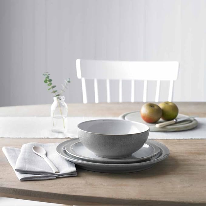 Denby Elements Light Grey Dinner Set - 4/12 Piece Ceramic Tableware - Dishwasher &amp Microwave Safe - 4 Dinner Plates 4 Medium Plates 4 Cereal Bowls