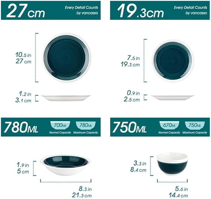 16 Piece Color Stoneware Tableware Set with Dinner Dessert Plate Cereal Pasta Bowl for 4 Person