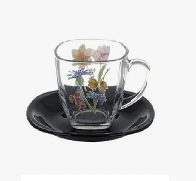 Carina Minuet Black Glass Dinnerware Set of 44 for 6 pers. Dessert Plate Dinner Plate Deep Plate Salad Bowls Decanter with Glass Mug and Saucer