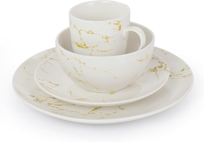 16 Piece Stoneware Dinnerware Set – Marble Pattern Dishes Dishwasher &amp Microwave Safe Tableware Service for 4 Elegant Glazed Dinner Plates and Bowls (Gold and White)