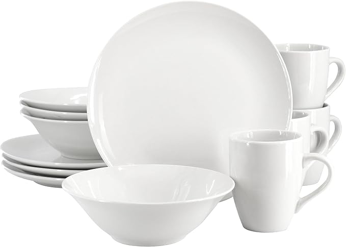 12-Piece Fine Ceramic Dinnerware Set in White – Dishwasher Microwave &amp Oven Safe Plates for Four
