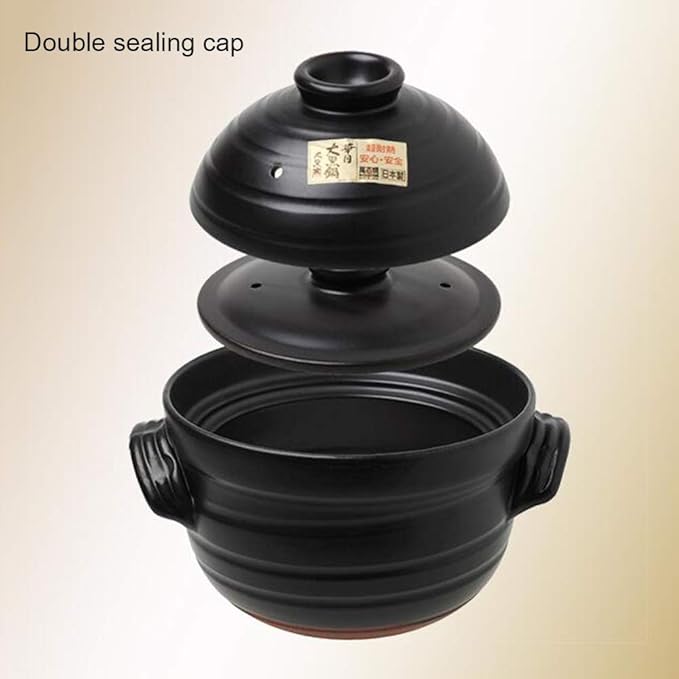 Clay Rice PotJapanese Rice Cooker with Double LidRound Ceramic CasseroleHeat Resistant Glazed Earthenware PotSlow Stew PotStockpotHot Pot Black 0.9l (Black 2.3L)