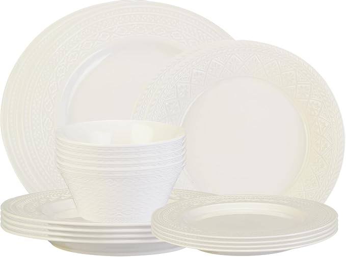 18-Piece White Ceramic Dinnerware Set - Relief Series Service for 6 Includes Bowls &amp 8''/9.6'' Plates Glossy Finish
