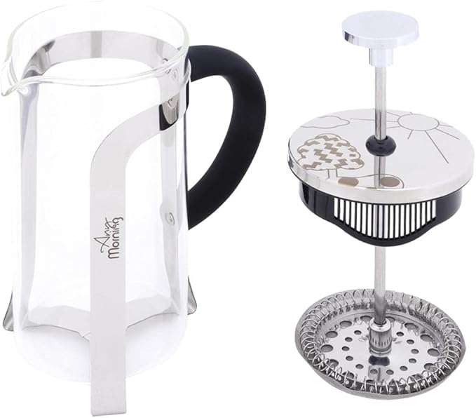 Any Morning French Press Coffee and Tea Maker Borosilicate Glass Coffee Press Stainless Steel Filter Durable and Heat Resistant Silver (600 ml 20 oz 2 Cup)