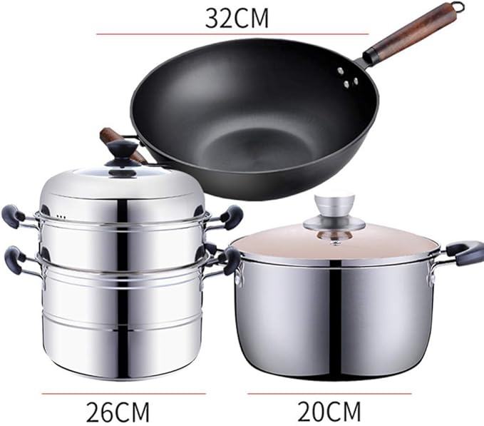 Cookware Set3-Piece Stainless Steel Pot &amp Pan Sets Induction Safe Saucepan Casserole with Glass LidSteamer (Set of 3) Suitable for Gas Induction Cooker Easy to Clean