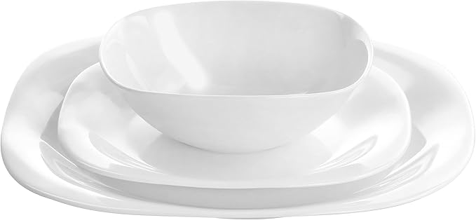 18 Piece Soft Square Opal Glass Dinnerware Set White Solid Casual Dishwasher Safe