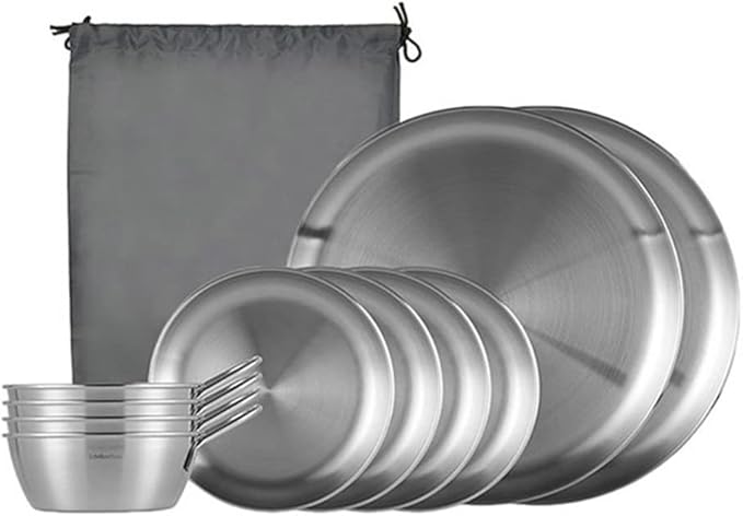 Outdoor Camping Dinnerware SetStainless Steel Plates and Bowls Camping Set 10PStainless 304 for Camping Hiking Beach Outdoor Use