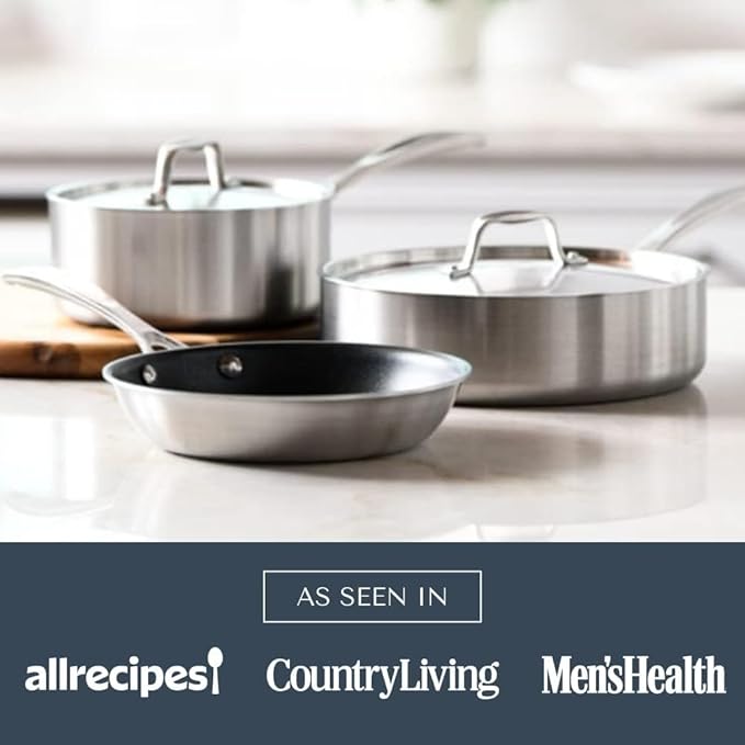 American Kitchen - Stainless Steel Cookware Set - 3 Pan Set with 2 Covers (5 Pieces) includes 8-inch Nonstick Fry Pan 10-inch Saute Pan 2-quart Saucepan Perfect for Small Kitchens Made In America