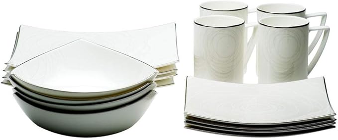 16pc Dinner Set Multi Color Geometric Modern Contemporary Square Bone China 16 Piece