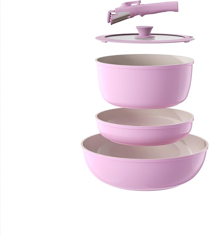 Pots and Pans Set Non Stick Ceramic Cookware Set Detachable Handle RV Camping Kitchen Cooking Set Removable Handles Dishwasher/Oven/Fridge Safe Induction Space SavingPINK