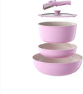 Pots and Pans Set Non Stick Ceramic Cookware Set Detachable Handle RV Camping Kitchen Cooking Set Removable Handles Dishwasher/Oven/Fridge Safe Induction Space SavingPINK