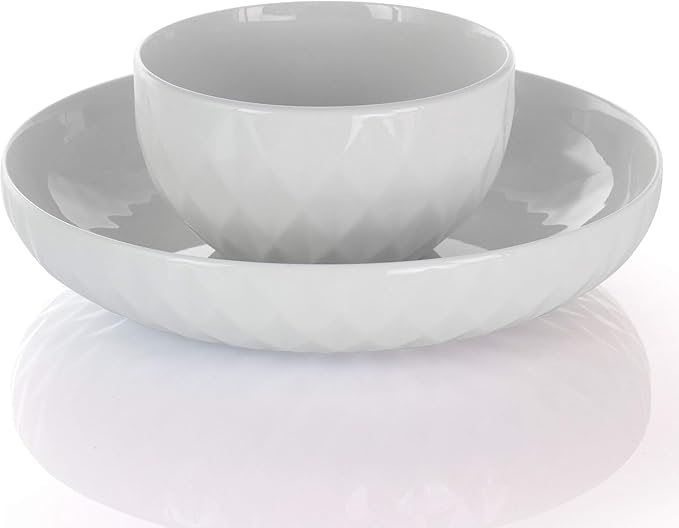 18 Piece White Porcelain Dinnerware Set with Cups and Serving Bowls – Diamond Pattern Plates and Bowls Service for 4 Microwave &amp Dishwasher Safe