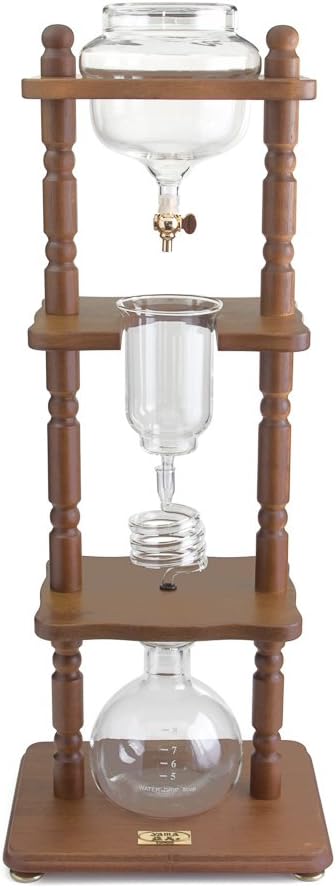 Yama Cold Brew Maker I Ice Coffee Machine With Slow Drip Technology I Makes 6-8 cups (32oz) Large Capacity Cold Brew Coffee Tower Brown Wood Curved Frame