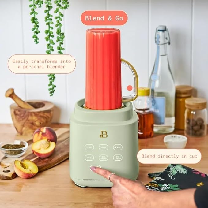 Beauti Power Exact Blender System with 700 W Motor 50oz Tritan Jar 20oz Single-Serve Cup No Drippy Sippy Lid 3 Speeds &amp 4 Pre-sets Dishwasher-Safe Parts Travel Cup Included (Sage Green)