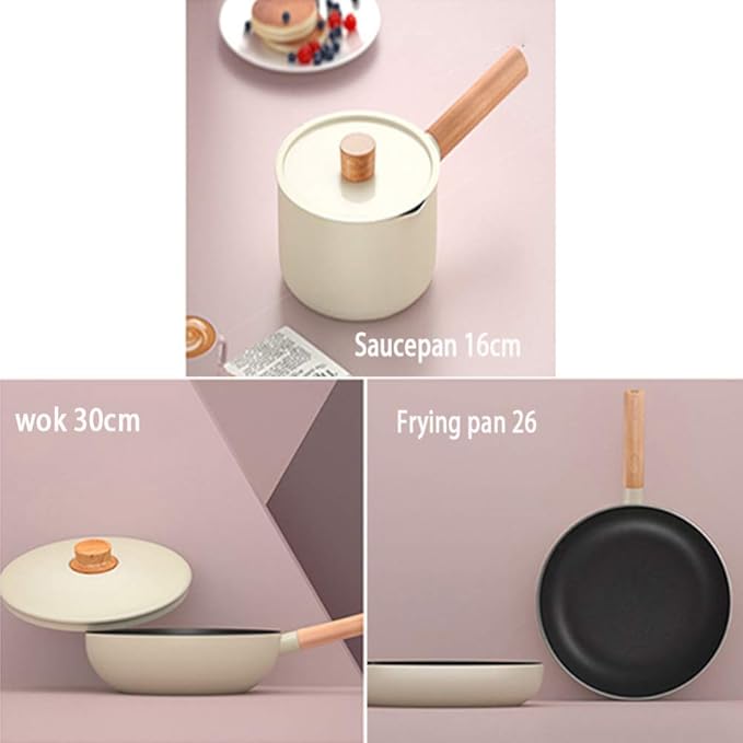 Cookware Set Flat-Beneath Non-Stick Pan with Lid Wooden Handle Aluminum Three-Piece Set Suitable for and Cooker Easy to Clean Pot Set