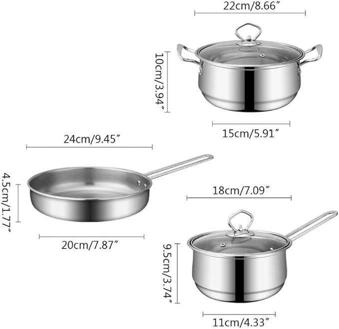 3pcs/ Set Stainless Steel Cookware Set Flat Bottom Frying Pan Soup Pot Milk Pot Kit Induction Cooker Cooking Pan for Home (B)