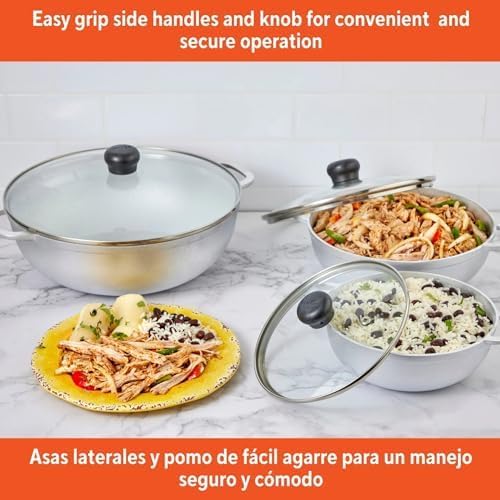 Cast Aluminum Caldero 3-Piece Cookware Set with Glass Lids 1.5qt 2.5qt 5.2qt (18cm 22cm 28cm) – Nonstick Dutch Oven for Rice Stew and Soup Cooking