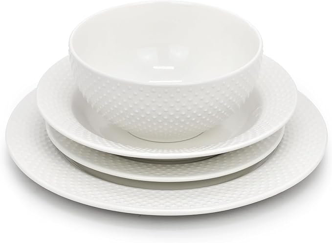 16 Piece Porcelain Dinnerware Set – White Hobnail Embossed Dish Set for 4 Microwave &amp Dishwasher Safe Plates and Bowls