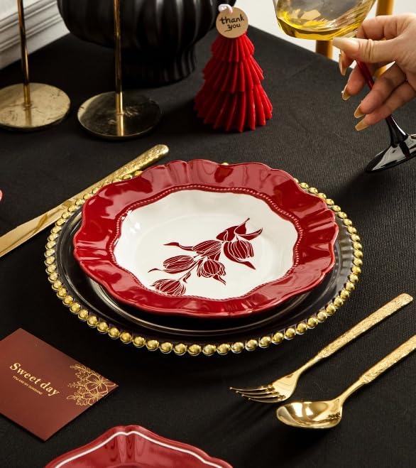 Red Tulip Ceramic Dinnerware Set 13-Piece with 4 Bowls and 4 Plates Vintage Floral Pattern Retro Style Tableware with Gift Box