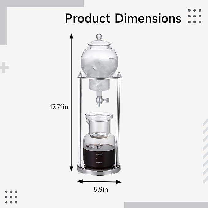 17.7 in Cold Brew Dripping Coffee Maker 600 Ml Stainless Steel and Glass Iced Tea Brewer