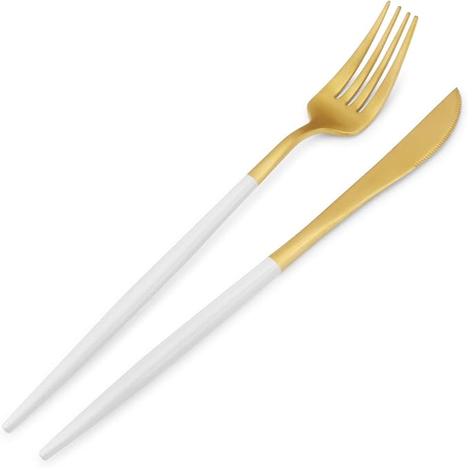 Matte Gold Silverware Set with white handle Bysta 20-Piece Stainless Steel Flatware Set Kitchen Utensil Set Service for 4 Tableware Cutlery Set for Home and Restaurant Dishwasher Safe
