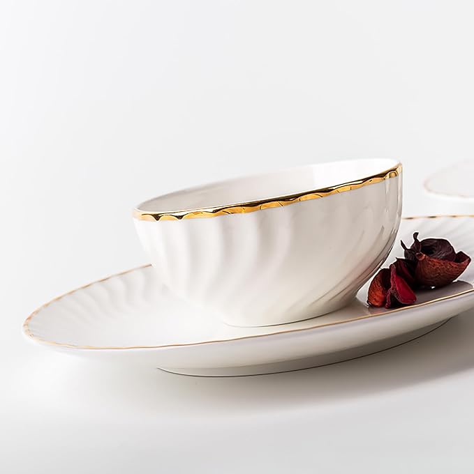 Elegant Porcelain Dinnerware Set with Gold Rim Embossed Wave Pattern 20 Piece Service for 4 Includes Dinner Plates Salad Plates Bowls Cups with Saucers Dishwasher Microwave Safe