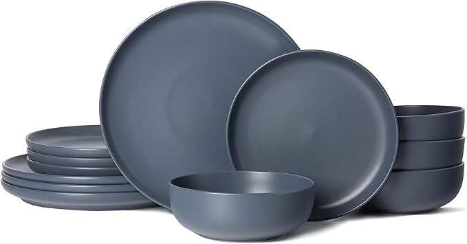 12-Piece Stoneware Dinnerware Set with Mugs | Microwave and Dishwasher Friendly | Stackable Matte Glaze Plates &amp Bowls | Service for 3 (Blue for 4)
