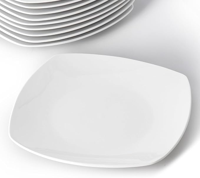12-Piece Porcelain Dinner Plate Set – Large White Square &amp Round Plates Microwave and Dishwasher Safe Elegant Durable Dinnerware for Everyday Meals and Entertaining (Square)