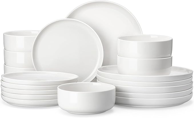 MALACASA Plates and Bowls Sets 18 Pieces Porcelain Dinnerware Sets Dishware Sets Chip Resistant Ceramic Dish Set Dining Dinner Ware Service for 6 White Series LUNA