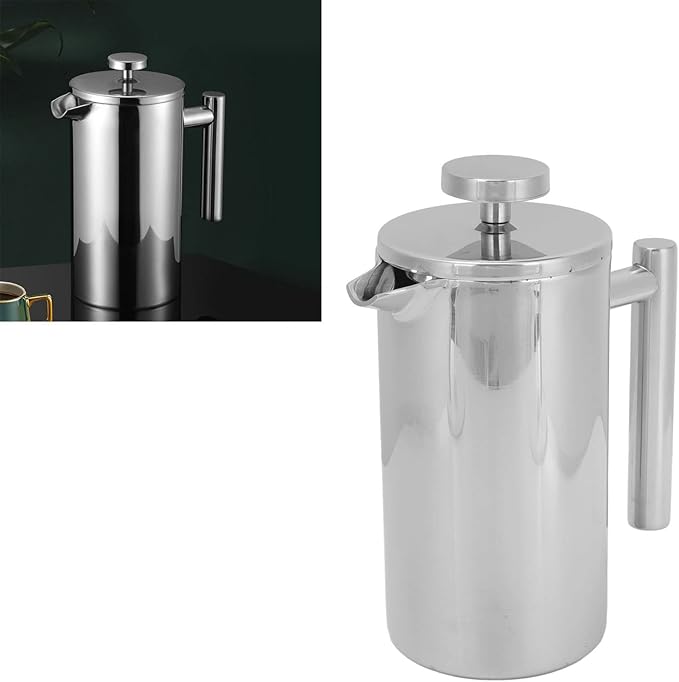 Rengue Stainless Steel French Press Coffee Maker Double Wall Insulated Triple Filter System Large Capacity for Home and Camping Stainless Steel French Press Coffee Maker Nan Kitchen (1000ml)