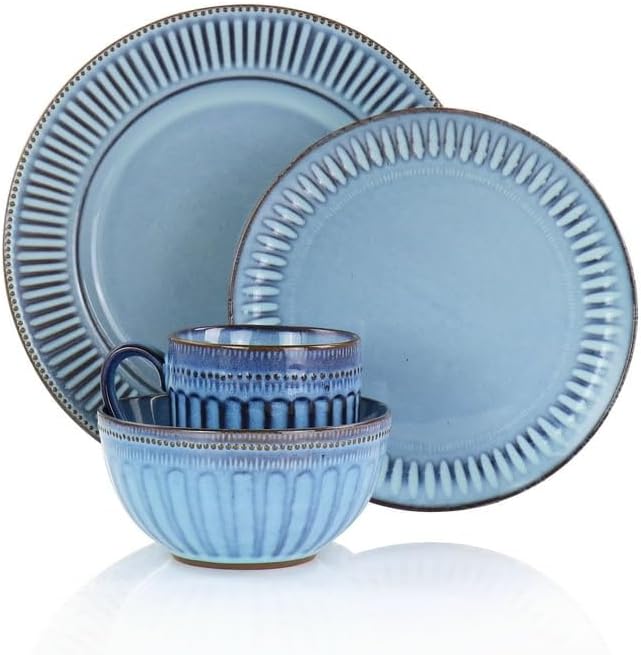 16 Piece Reactive Glaze Stoneware Dinnerware Set – Blue Embossed Dish Set with Service for 4 – Microwave &amp Dishwasher Safe Plates and Bowls