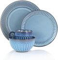 16 Piece Reactive Glaze Stoneware Dinnerware Set – Blue Embossed Dish Set with Service for 4 – Microwave &amp Dishwasher Safe Plates and Bowls