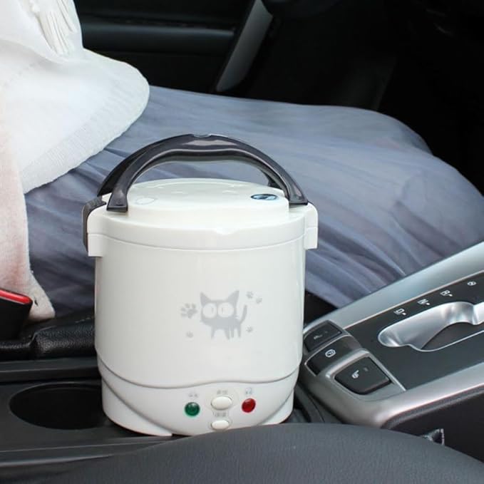 1L Mini Rice Cooker 12V Electric Lunch Box Multifunctional Portable Non Stick Pot White for Car Travel Camping