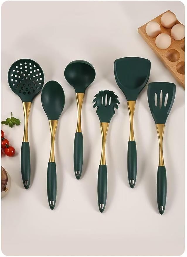 8-Piece White Kitchen Utensil Set with Gold Handles Stainless Steel Cooking Tools Includes Spatulas Ladle Spoons for Nonstick Cookware (Gold and Green)