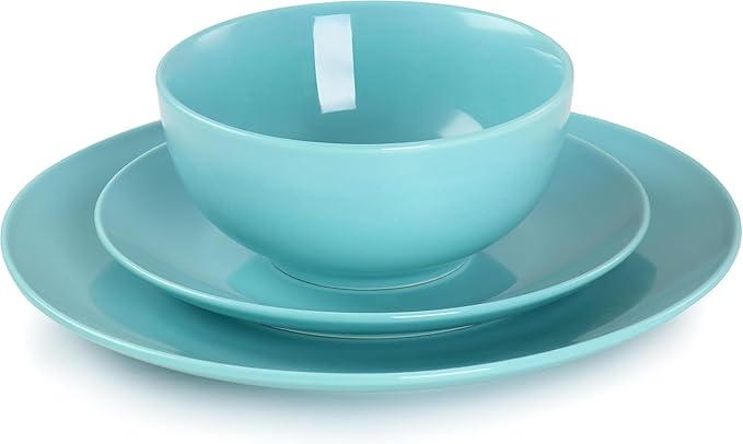 18 Piece Porcelain Dinnerware Set – Service for 6 Microwave &amp Dishwasher Safe Plates and Bowls – Elegant Multicolor Tableware in White Dark Blue Mint Green and Blue (Blue)