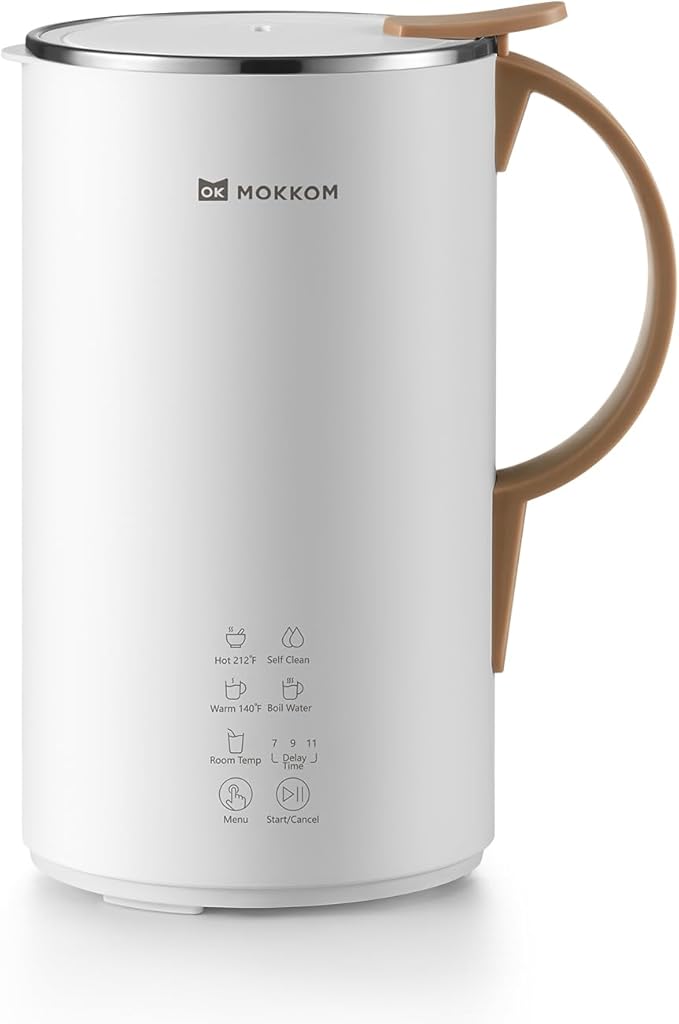 OK MOKKOM Automatic Nut Milk Maker 20 oz Soy Milk Maker Homemade Almond Oat Coconut Soy Plant-Based Milk Dairy Free Beverages Almond Milk Maker with Delay Start/Boild Water/Self Clean - White