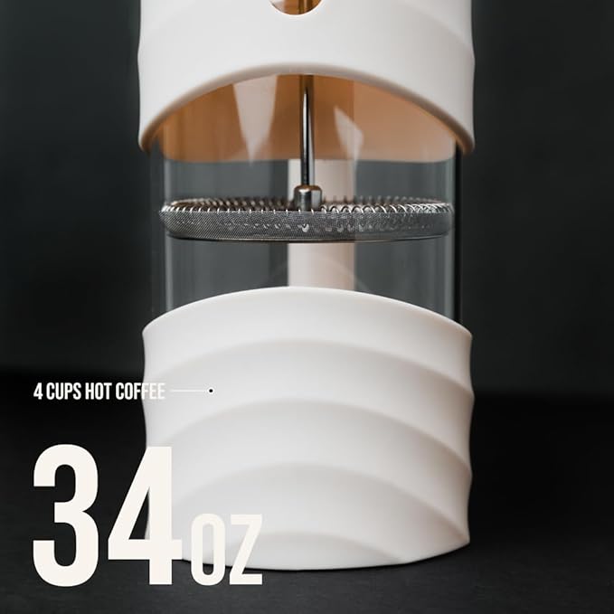 ANGORA BRANDS French Press Coffee Maker - 34 oz French Coffee Press - Brew Rich Coffee and Tea Anywhere - Portable Coffee Maker for Kitchen Travel and Camping - French Press by Yunie (White)