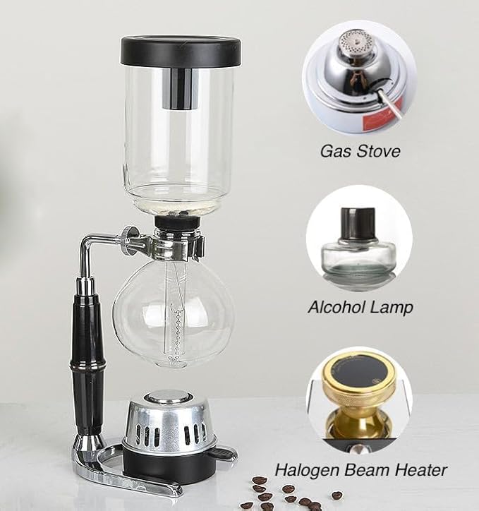 Generic 5-Cup Siphon Coffee Maker BS Glass Syphon Coffee Pot Vacuum Coffee Maker Retro Vintage Siphon Coffee Brewer 600ml Capacity with Stainless Steel Bracket Base Clear HWN853