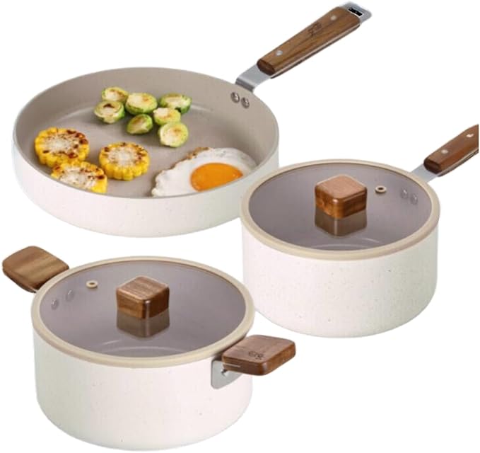 Bien 5-Piece Kitchen Nonstick Cookware Set with Lid Healthy Cooking Ceramic Coating Pan with Wood Handle Pot with Lid Fast Full Induction Compatible Kitchenware Made in Korea